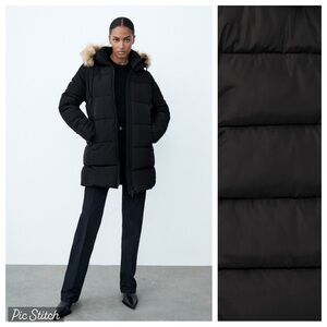 NWT. Zara Black Long Water-Repellent Puffer Parka/Coat. Size S.